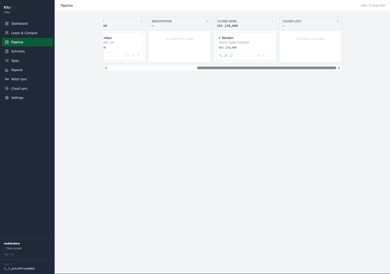 KituBox CRM pipeline board showing deal stages including negotiation, closed won, and closed lost with KES totals