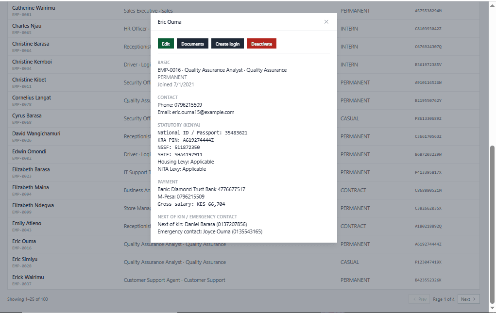 KituBox HR employee profile modal showing statutory details including KRA PIN, NSSF, SHIF, and payment information