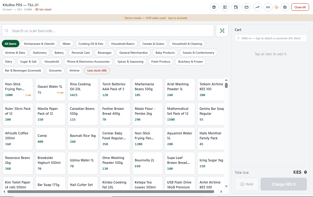 KituBox POS till screen with item grid and live cart total