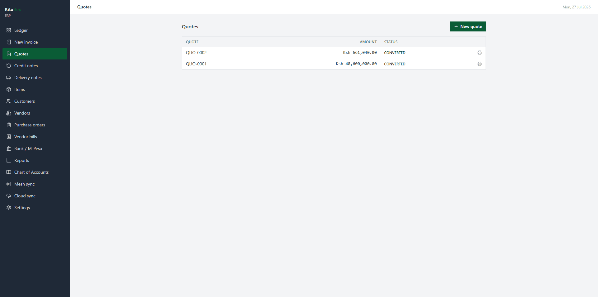 KituBox ERP quotes screen listing quotes with amount and converted status