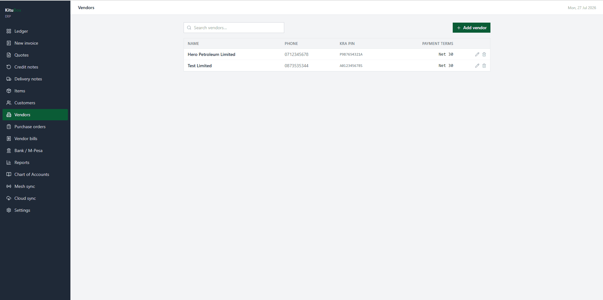 KituBox ERP vendor catalog showing vendor name, phone, KRA PIN, and payment terms