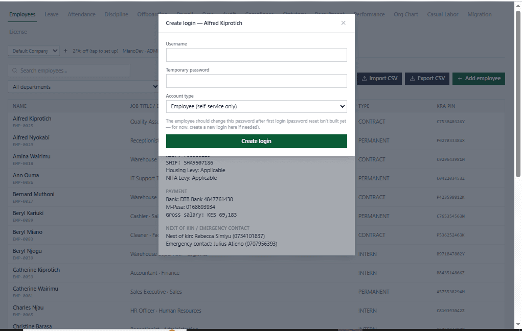 KituBox HR create login modal for issuing an employee self-service account