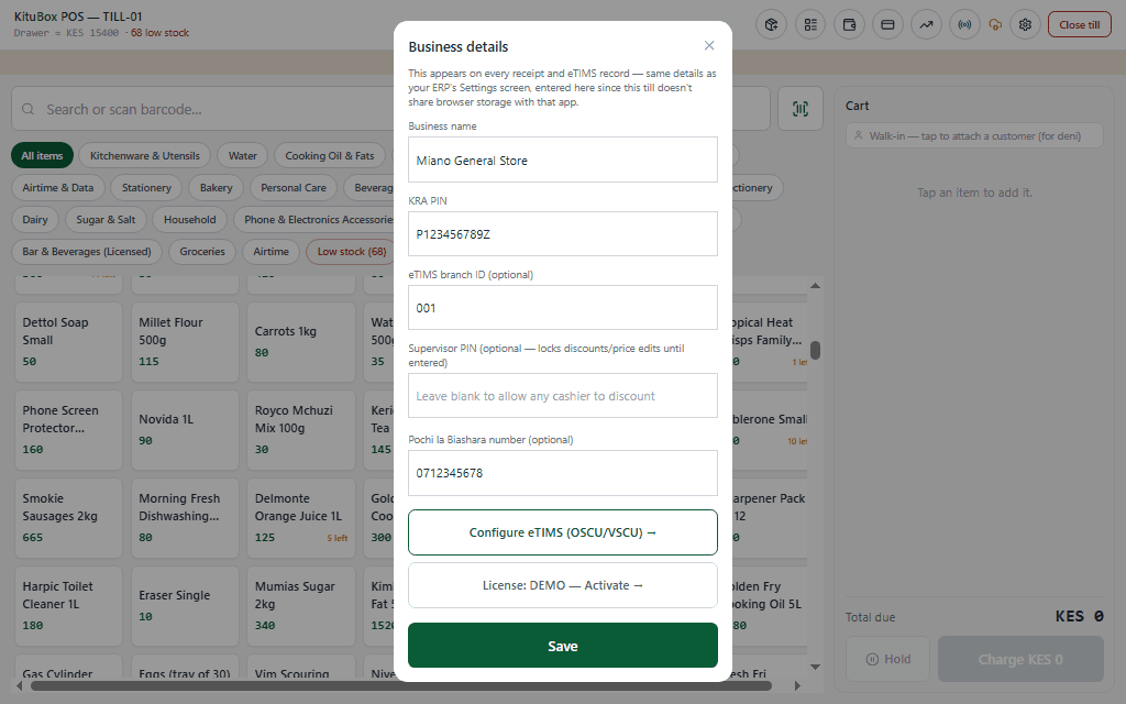 KituBox POS business details screen with KRA PIN, eTIMS branch ID, and supervisor PIN fields