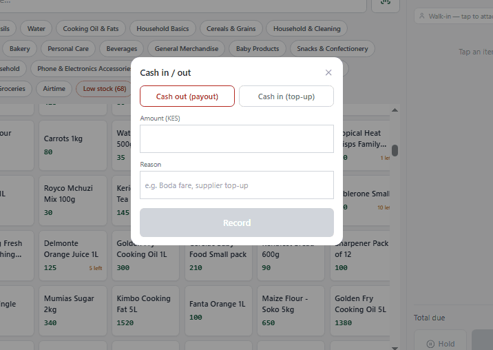 KituBox POS cash in and cash out modal for recording till payouts and top-ups