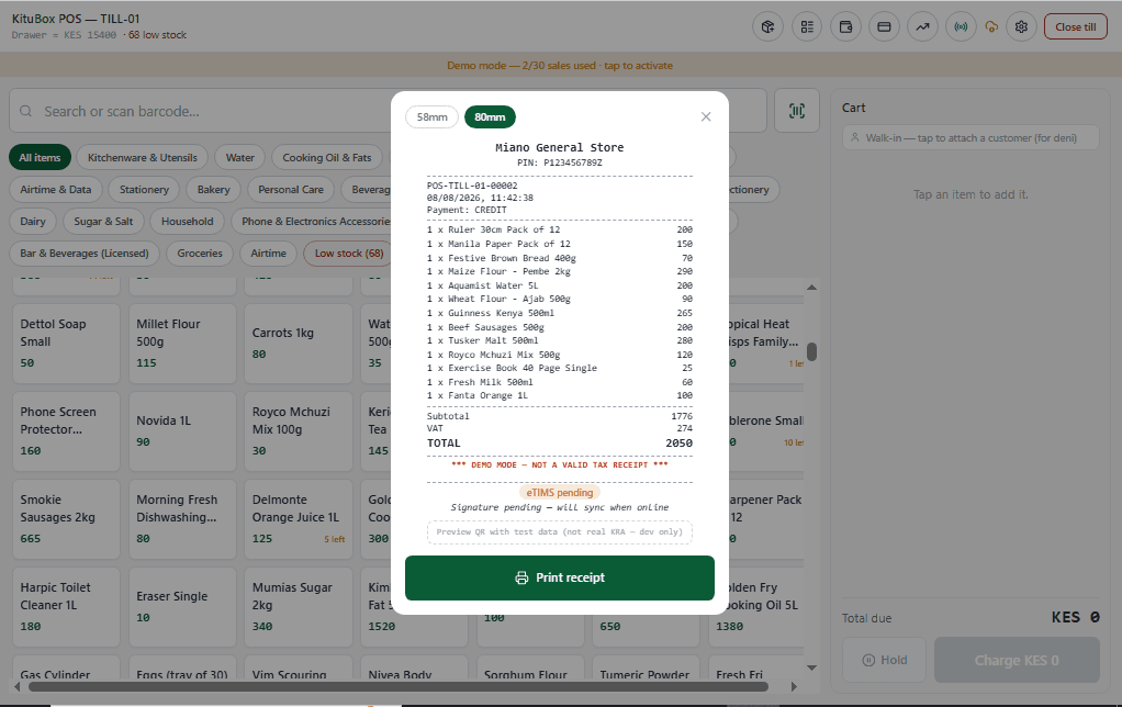 KituBox POS receipt preview marked eTIMS pending, showing itemized sale and VAT total